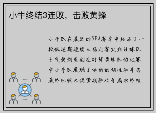 小牛终结3连败，击败黄蜂